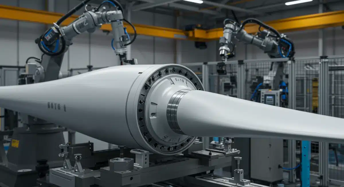 Close-up of a next-generation wind turbine blade with advanced aerodynamic features.