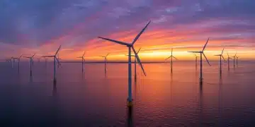 Offshore wind farm at sunrise, U.S. coast
