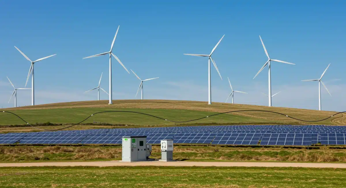 Diverse renewable energy landscape with wind, solar, and energy storage integrated into the grid.