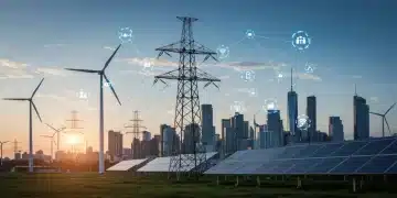 Futuristic smart grid infrastructure with AI and IoT integration for energy efficiency.