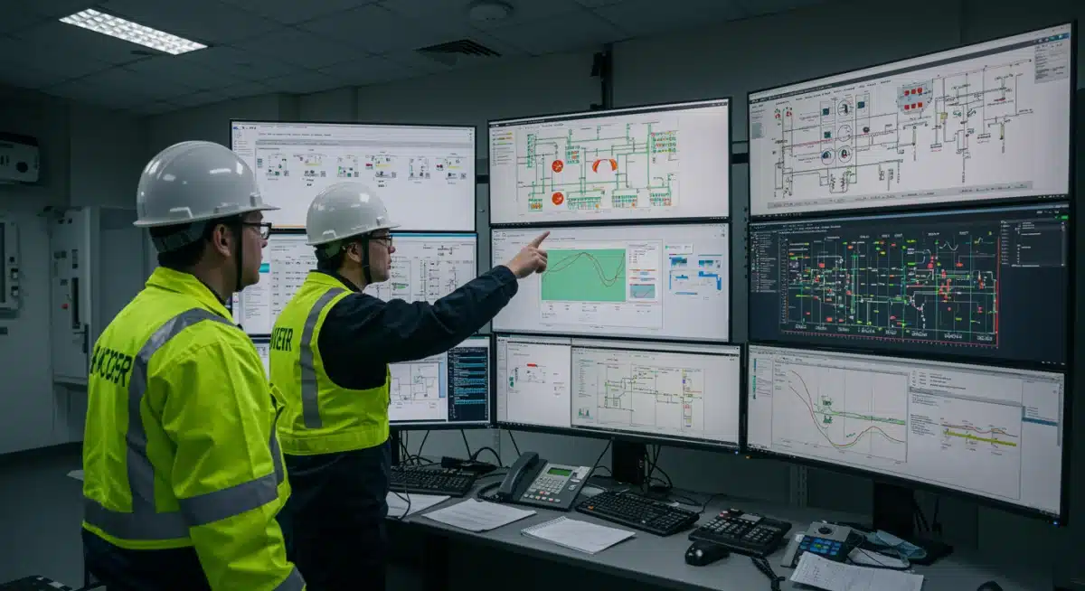 Engineers monitoring smart grid data and wind power integration in a control room.