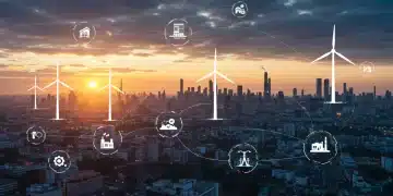 Futuristic digital rendering of a smart grid integrating renewable energy sources and advanced technology.