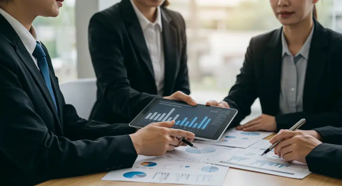 Business professionals collaborating on financial projections for clean energy investment strategies.