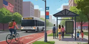 Diverse commuters using sustainable transport options like cycling, bus, and walking in a modern US city.