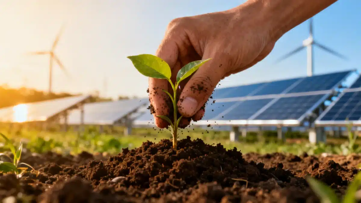 Hand planting sapling symbolizing sustainable investment growth.