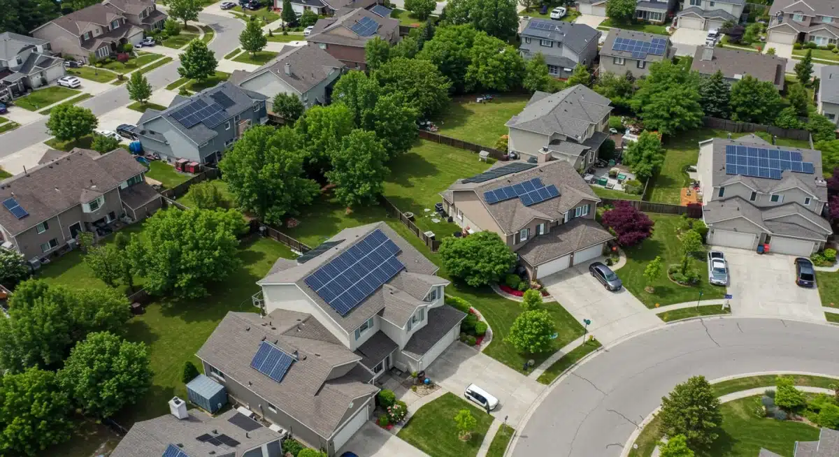 Sustainable suburban neighborhood with solar panels and electric vehicles, illustrating energy-efficient homes and reduced emissions.