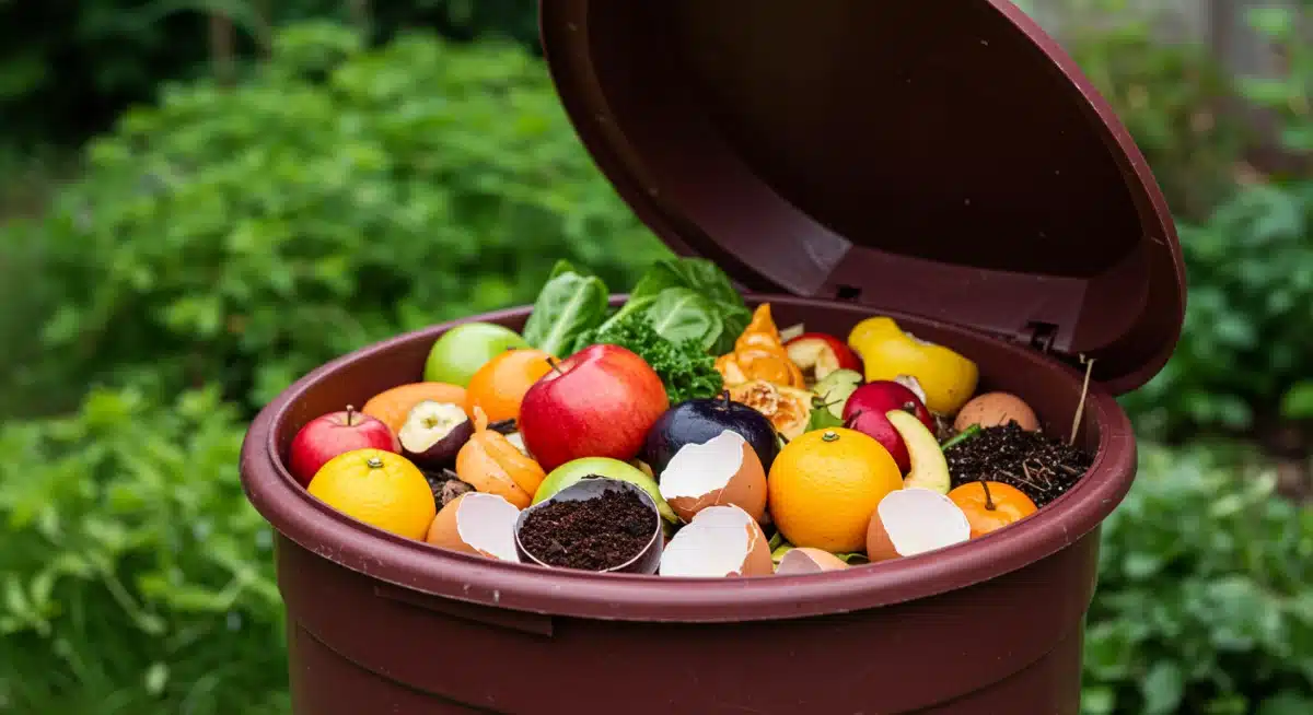 Compost bin with organic waste and thriving plants