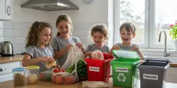 Family sorting waste in a modern, eco-friendly kitchen