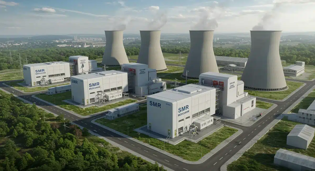 Conceptual rendering of SMRs replacing a coal plant, demonstrating infrastructure repurposing and diverse energy outputs.