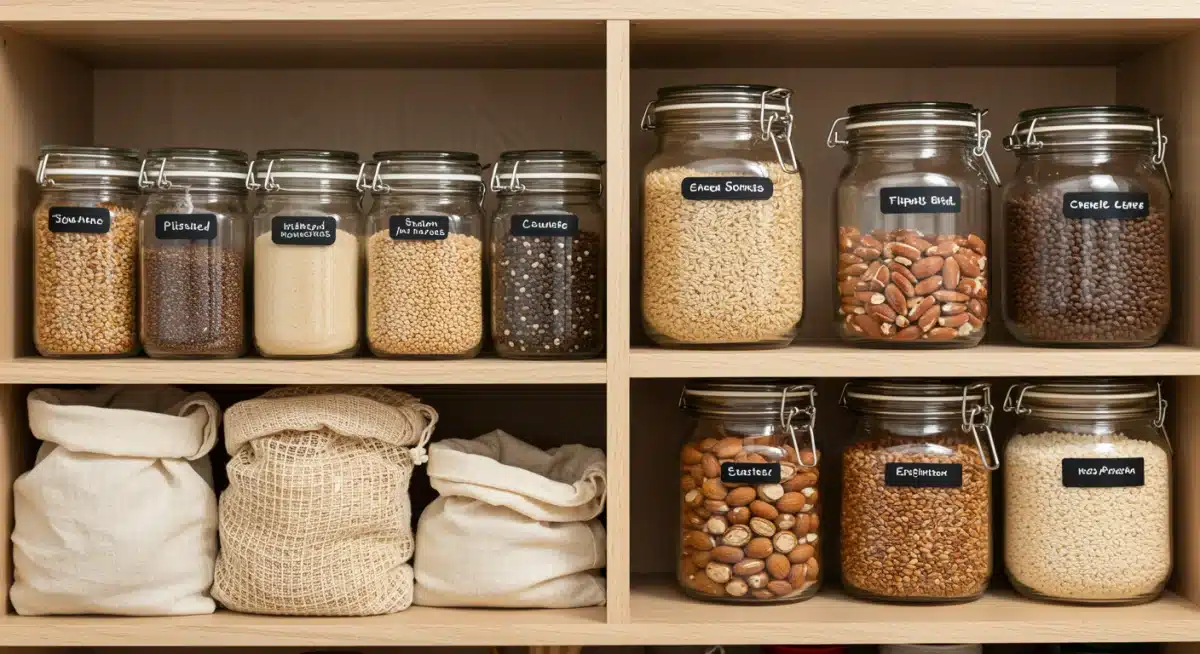 Organized zero-waste pantry with bulk items in glass jars