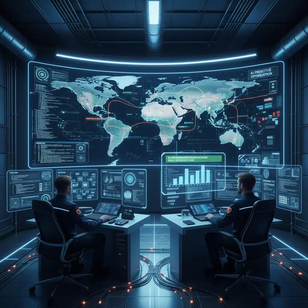 Engineers in a control room using AI for real-time energy grid management