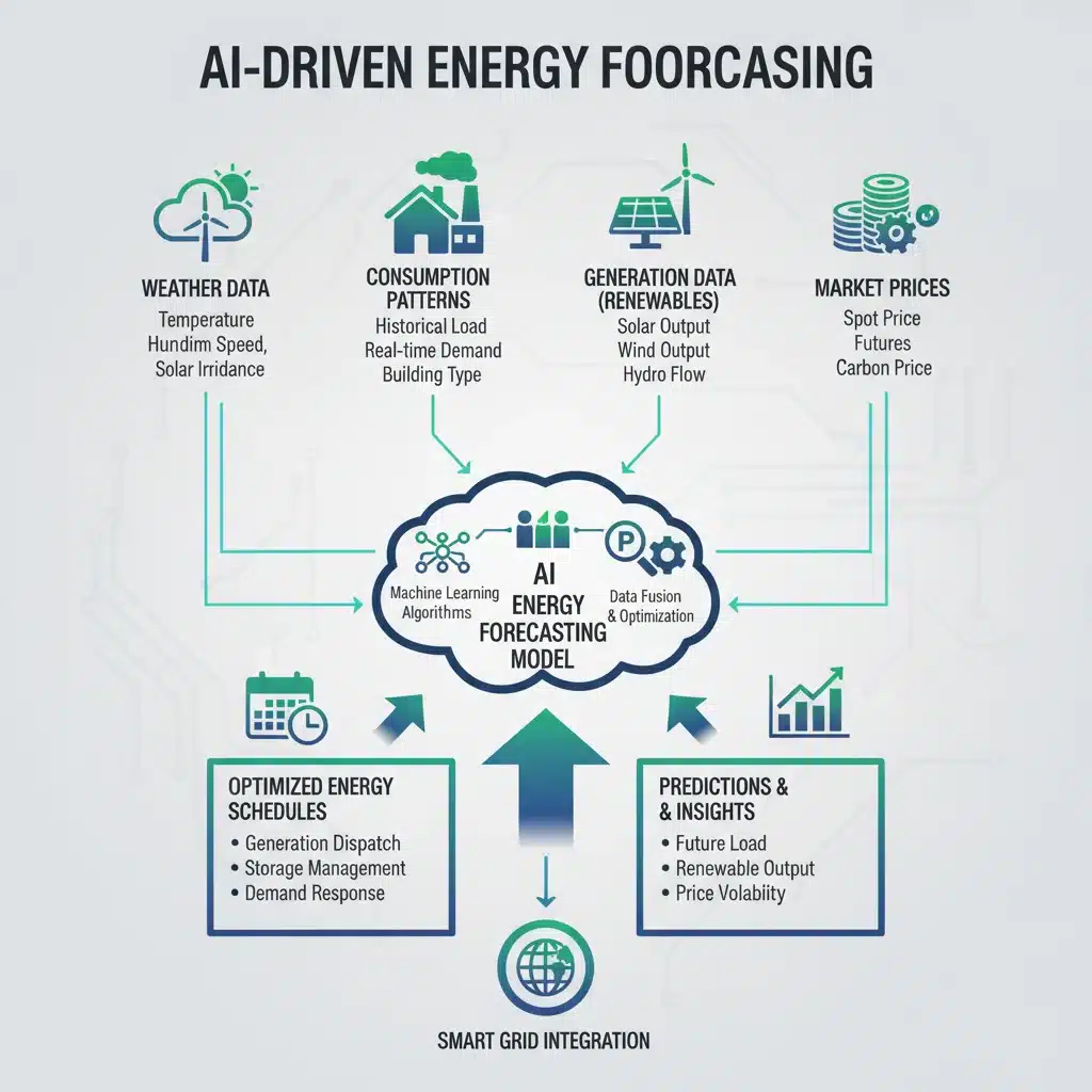 Infographic showing AI data streams for energy forecasting and grid optimization