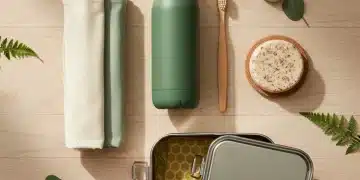 Eco-friendly products for reducing plastic waste, including reusable water bottle, bamboo toothbrush, and cloth produce bags.