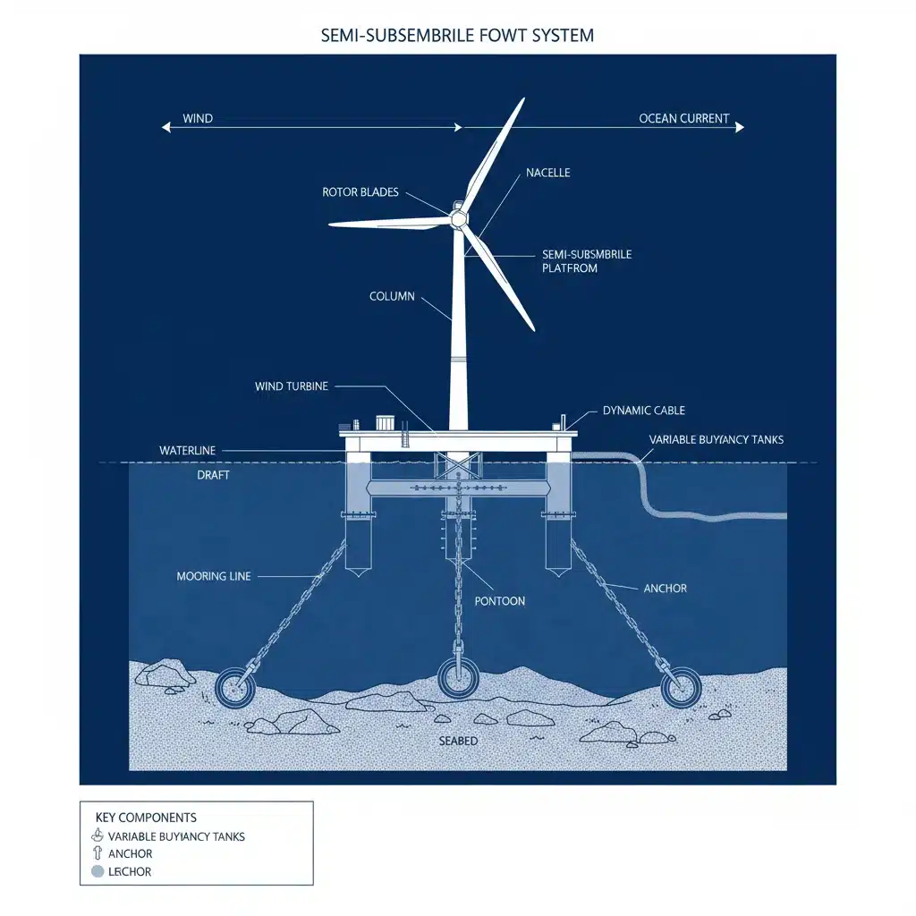 Detailed technical diagram of a semi-submersible floating offshore wind foundation