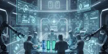 Scientists examining advanced battery cells in a futuristic lab, representing battery technology innovation.