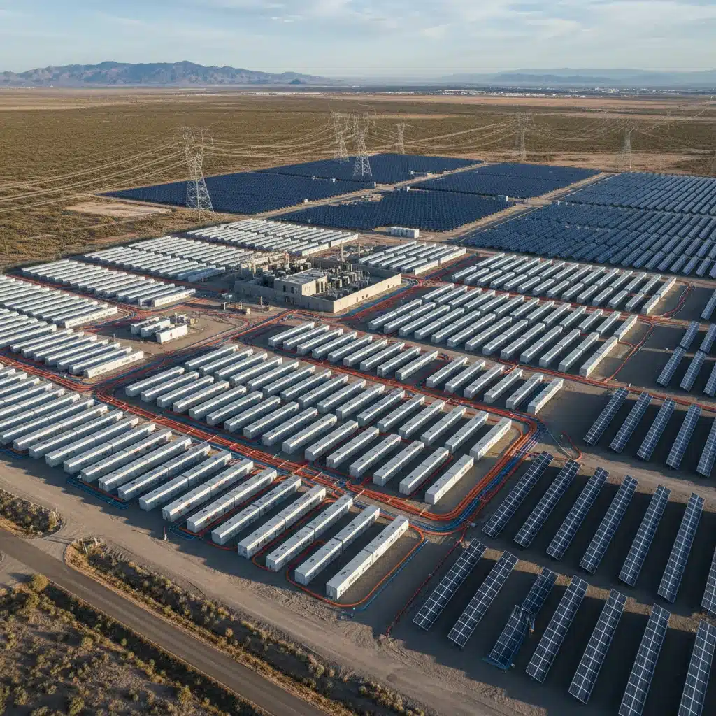 Aerial view of a grid-scale energy storage facility with solar panels.