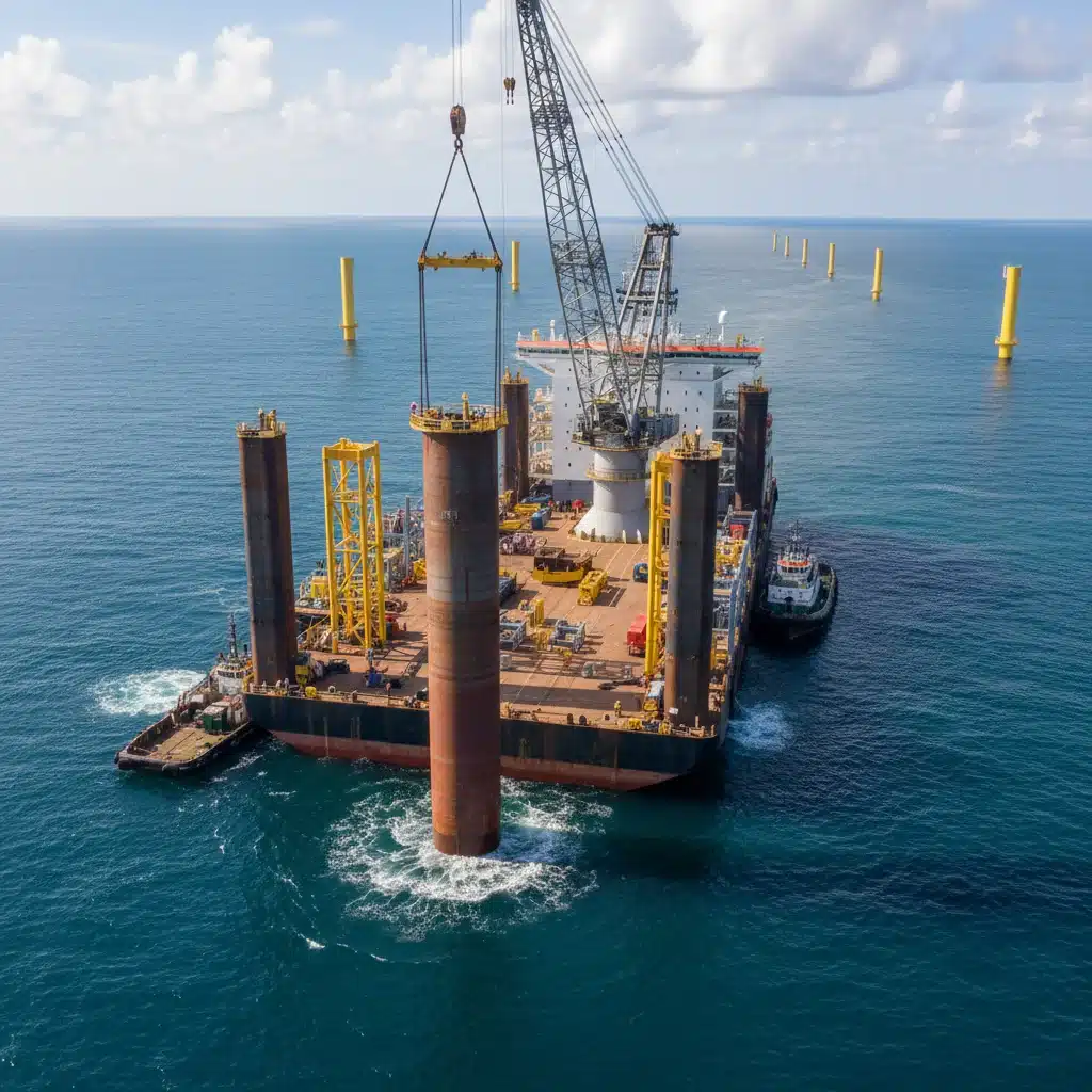 Heavy-lift vessel installing monopile foundation for offshore wind turbine.