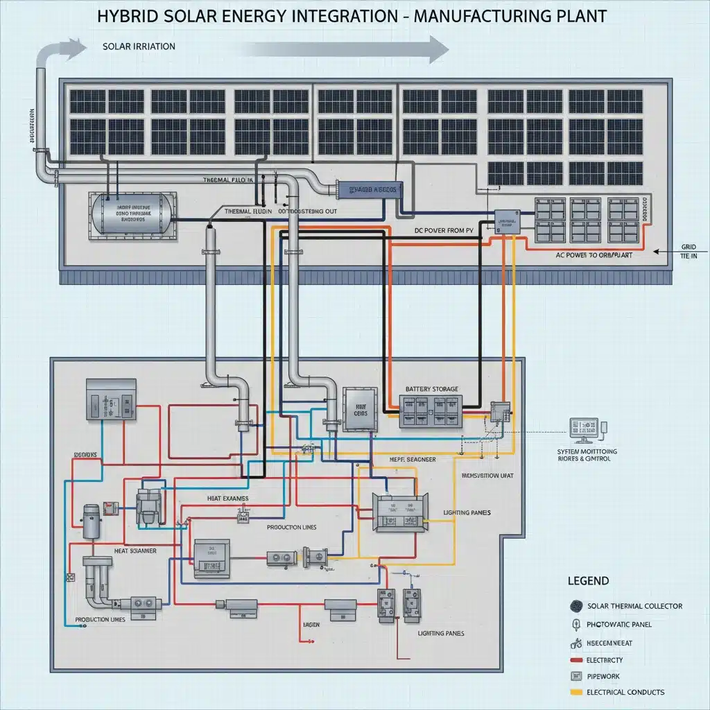 Integrated hybrid solar energy system within a manufacturing facility.