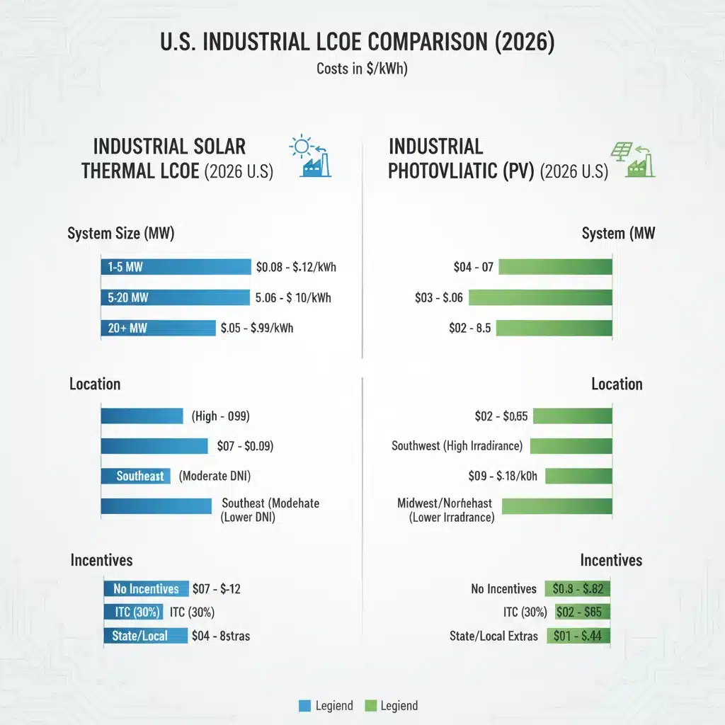Comparison of LCOE for solar thermal and photovoltaic in U.S. industrial settings.
