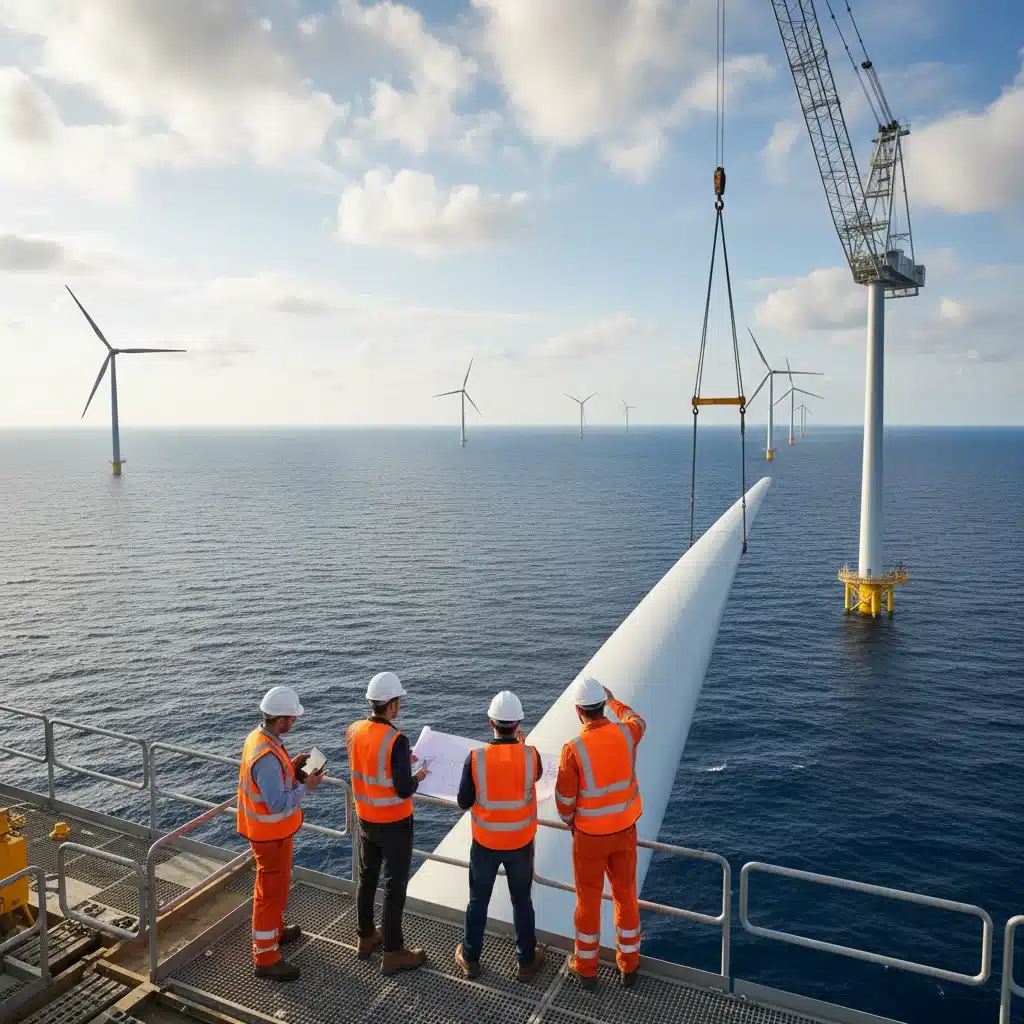 Engineers overseeing offshore wind turbine installation, representing project development.