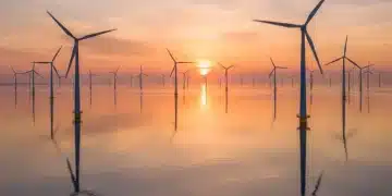 Offshore wind farm at sunrise, symbolizing renewable energy growth and investment potential.