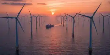Offshore wind farm at sunset demonstrating renewable energy infrastructure