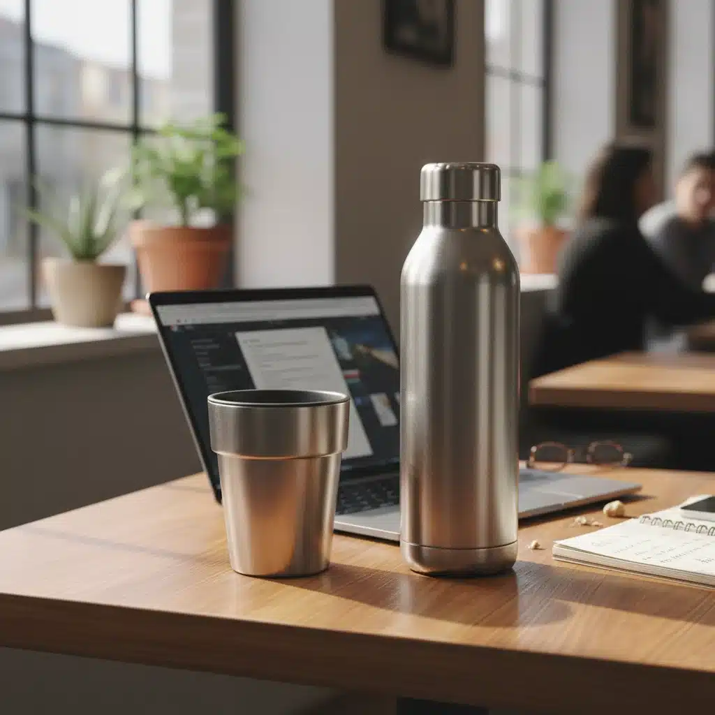 Reusable water bottle and coffee cup on a cafe table.