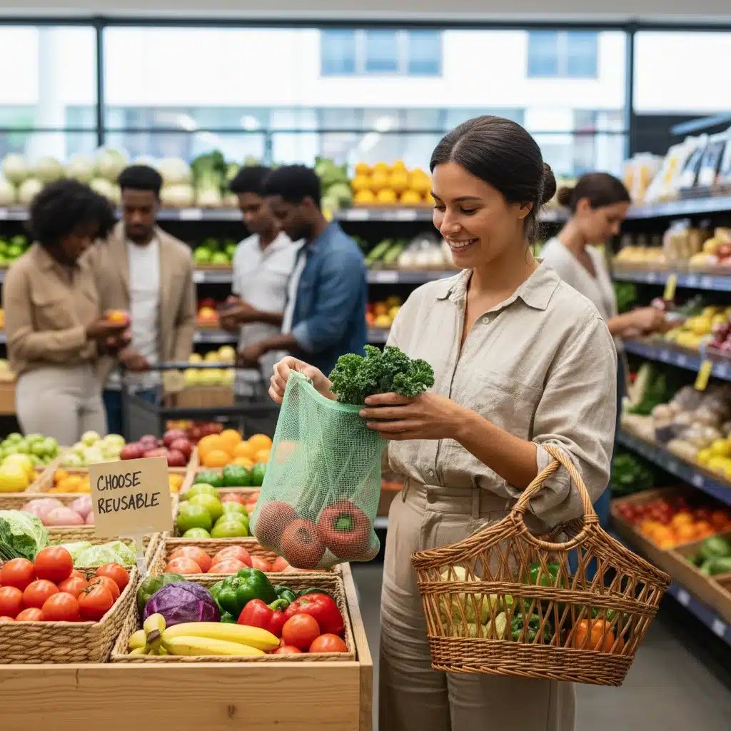 Person using reusable mesh produce bags for groceries.