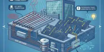 Solar thermal and photovoltaic systems on industrial rooftops, illustrating energy generation.