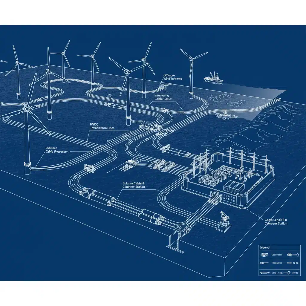 Subsea power cables connecting offshore wind farm to onshore substation, illustrating energy transmission infrastructure.