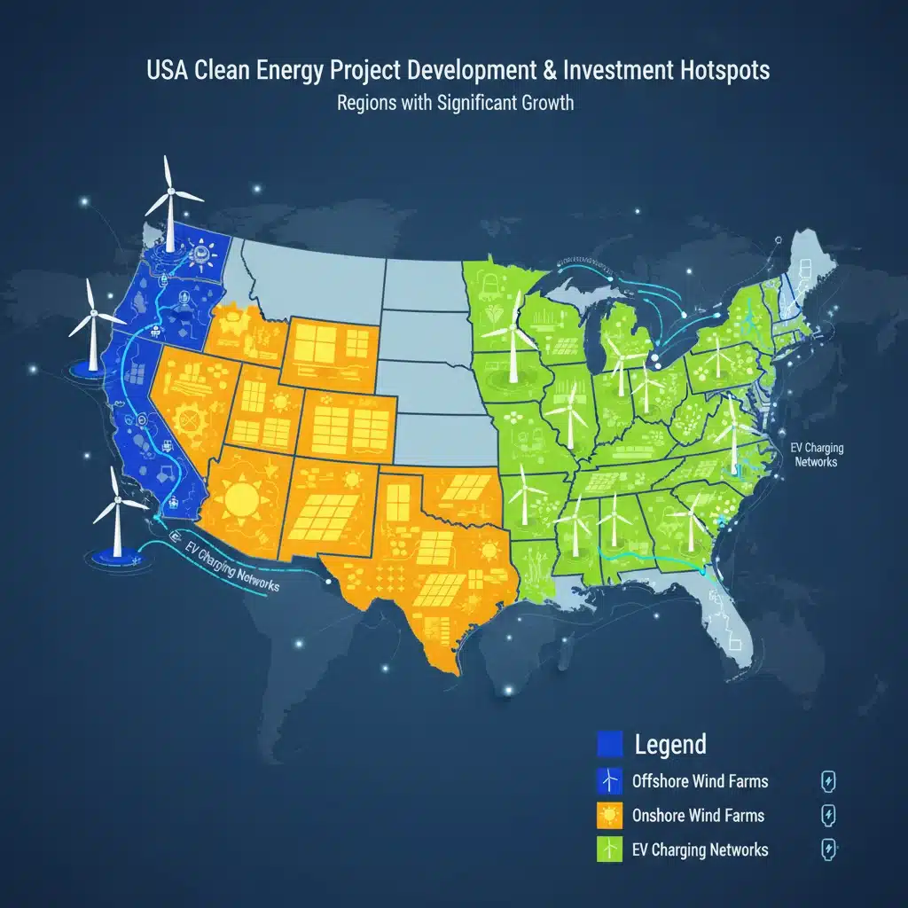Map of US showcasing regional clean energy project development and investment hotspots