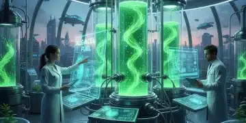Scientists in a lab observing algae bioreactors for biofuel production, showcasing technological advancement.