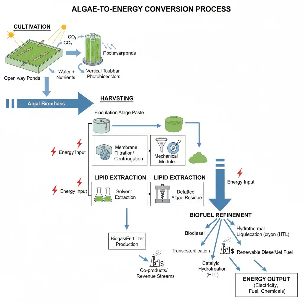 Detailed flowchart of algae biofuel production process, from cultivation to final fuel.
