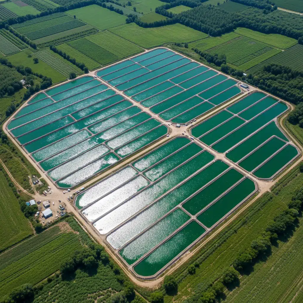 Large open pond systems for commercial algae cultivation, showing vast green fields.