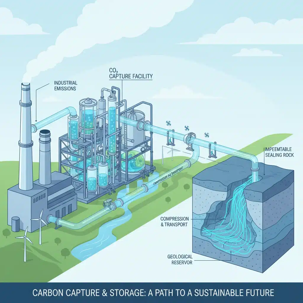 Advanced carbon capture and storage facility demonstrating CO2 removal from industrial emissions.