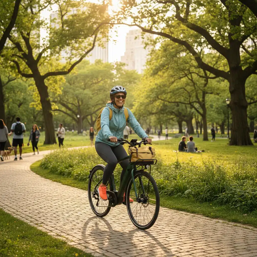 Person enjoying an e-bike ride on a park path for eco-friendly travel
