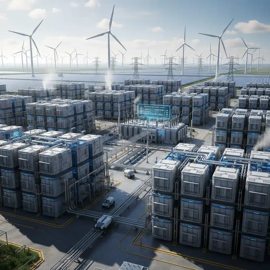 Industrial-scale flow battery system integrated with renewable energy sources.