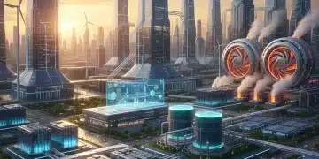 Futuristic energy grid showcasing advanced battery storage and renewable integration.