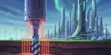 Futuristic drilling rig accessing deep geothermal heat for clean energy