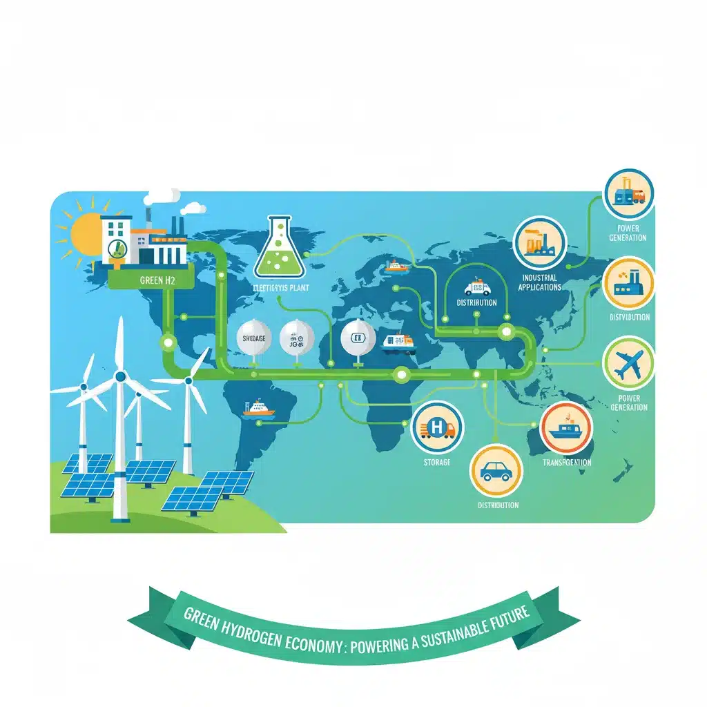 Green hydrogen production and distribution ecosystem, illustrating its role in decarbonizing various sectors.