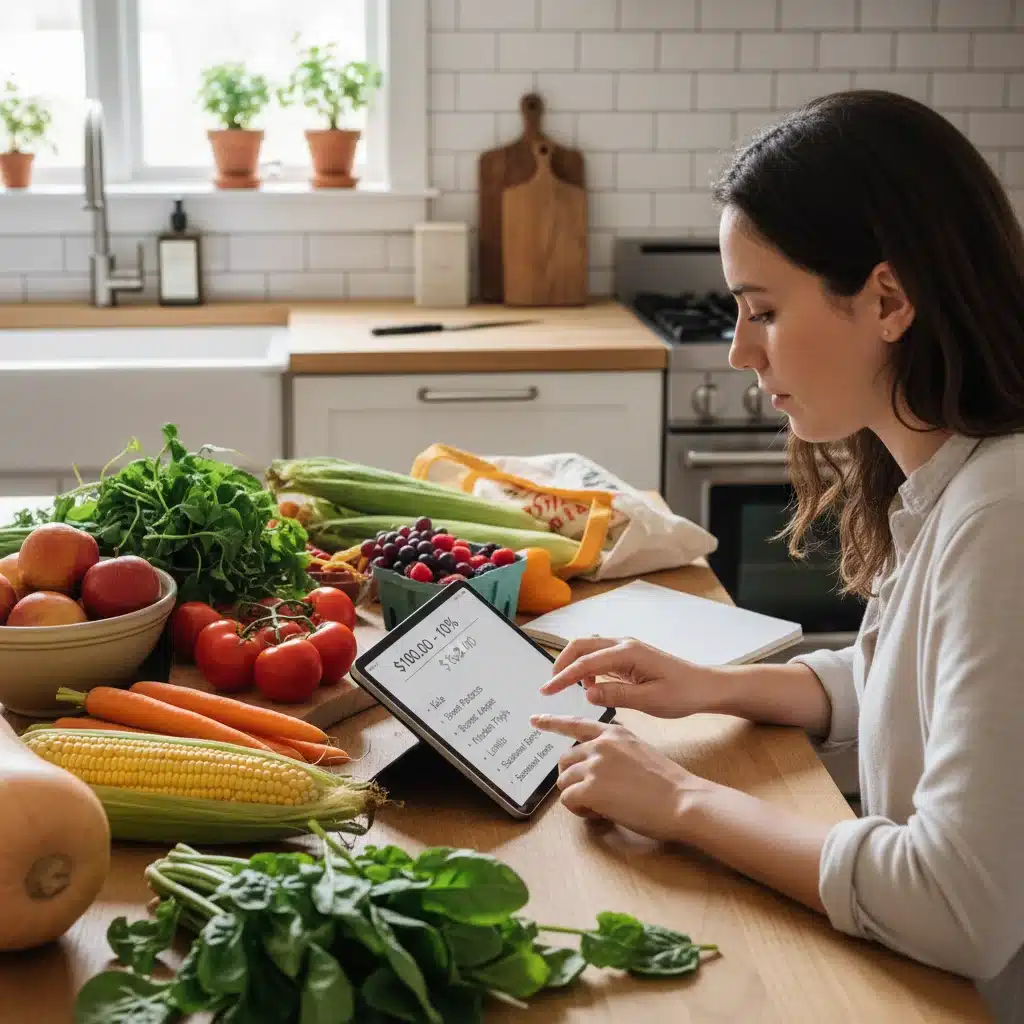 Person planning a grocery list on a tablet, calculating 10% savings with seasonal produce for sustainable shopping.