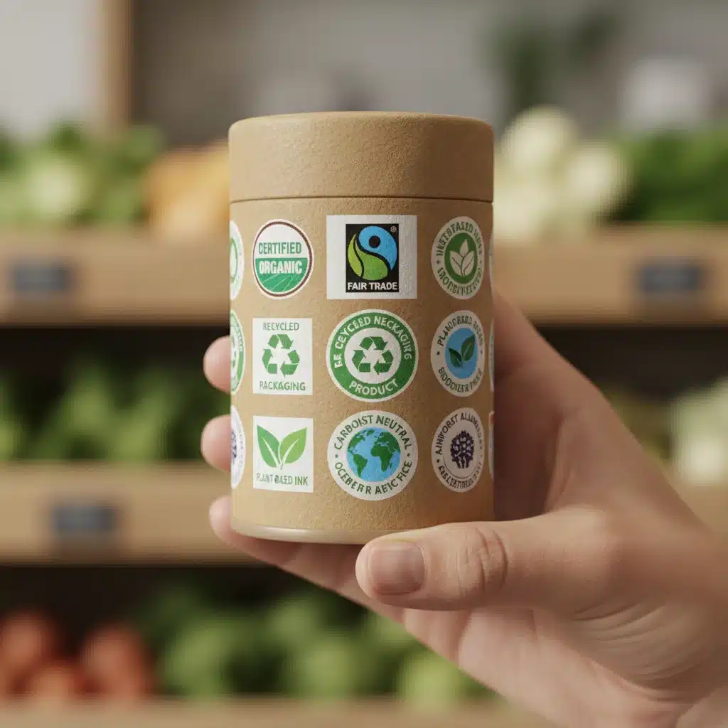 Hand holding a product with various eco-labels, demonstrating how to identify sustainable products.