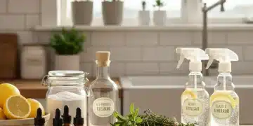 Natural cleaning ingredients and supplies on a kitchen counter