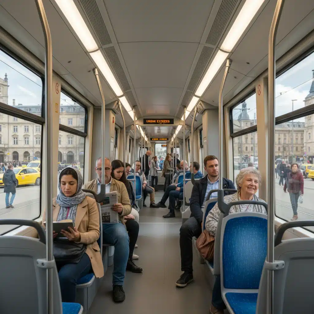 Commuters inside a modern public transit vehicle, highlighting efficiency