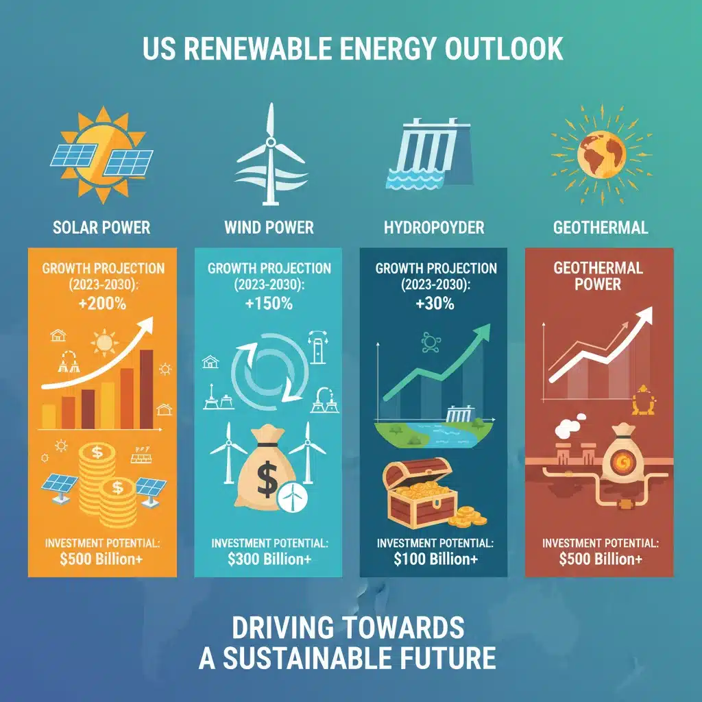 Infographic on US renewable energy technologies and growth projections