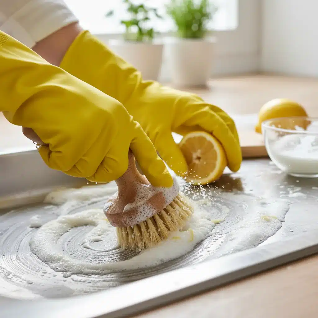 Hands scrubbing a kitchen sink with baking soda and lemon
