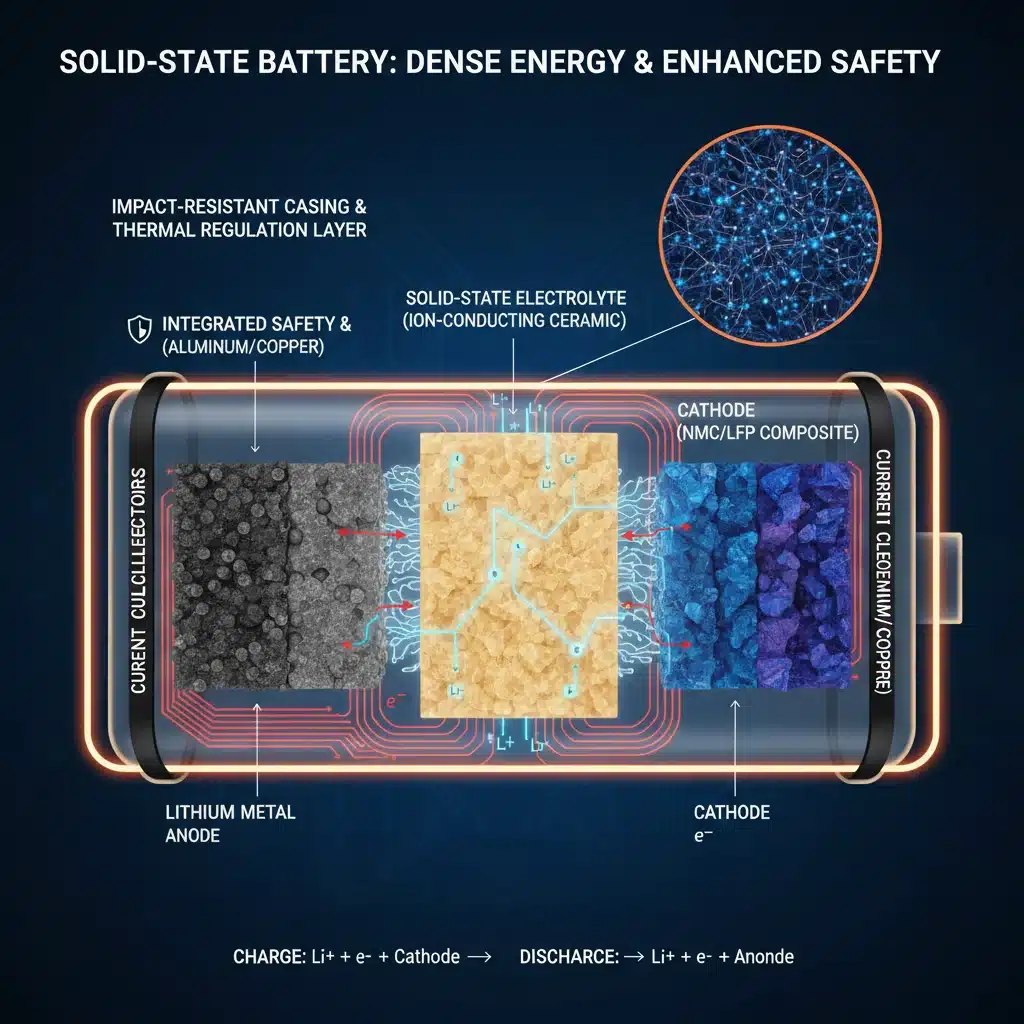 Detailed diagram of solid-state battery technology and its internal structure.