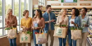 Shoppers with reusable bags selecting eco-friendly products in a grocery store, representing sustainable shopping in 2026.