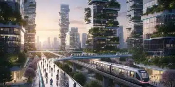 Futuristic city with e-bikes and public transit for sustainable urban transport