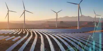 Solar panels and wind turbines in a US landscape with financial growth indicators